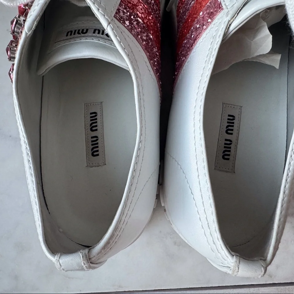 Miu Miu Crystals Glitter‎ White Leather Platform Sneakers Size 10